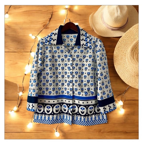 1970s True Vintage Mod Print Tulip Color Block Blazer/Blouse-EUC -Sz M 💙 🖤 - Picture 5 of 16